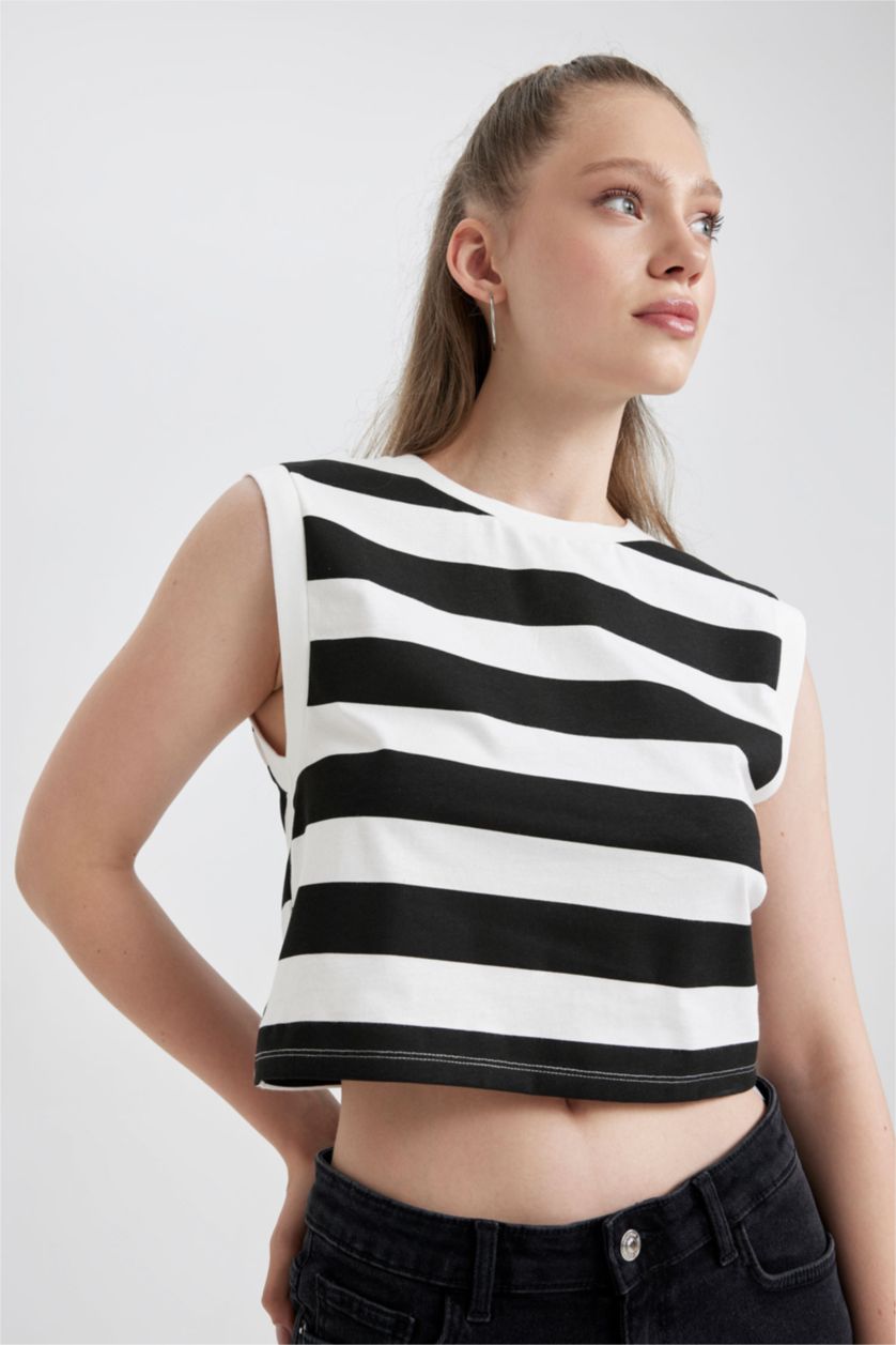 WOMAN Black Fitted Patterned Cotton Crop Top