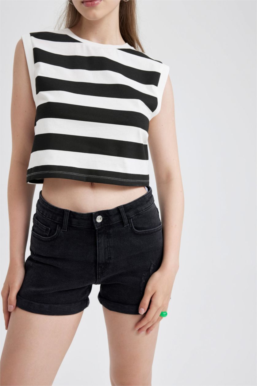 WOMAN Black Fitted Patterned Cotton Crop Top