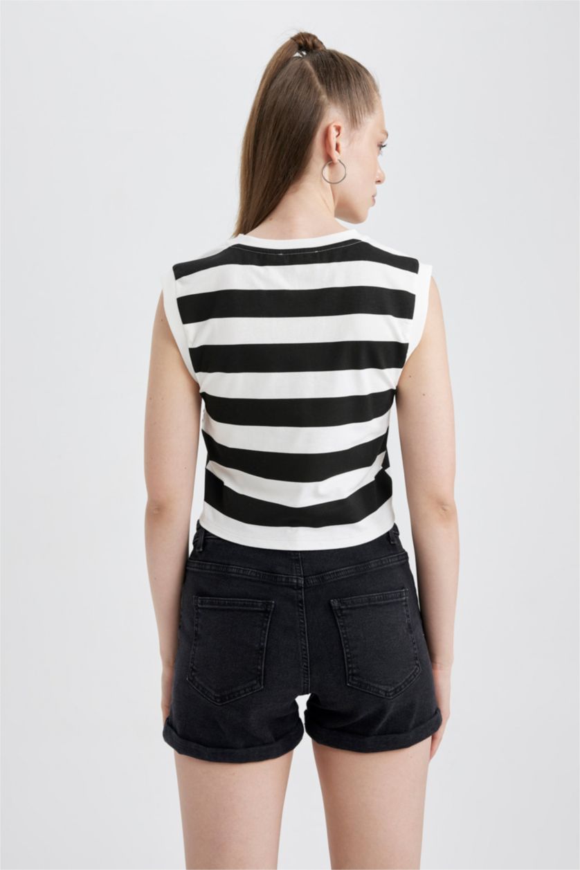 WOMAN Black Fitted Patterned Cotton Crop Top