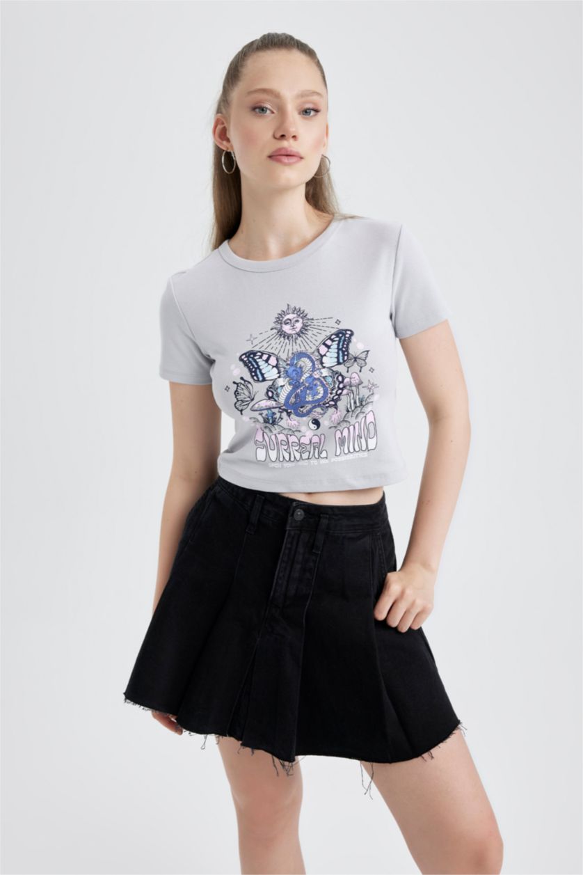 نساء رمادي فاتح تيشيرت سليم فيت مضلع بطبعة فاكهة