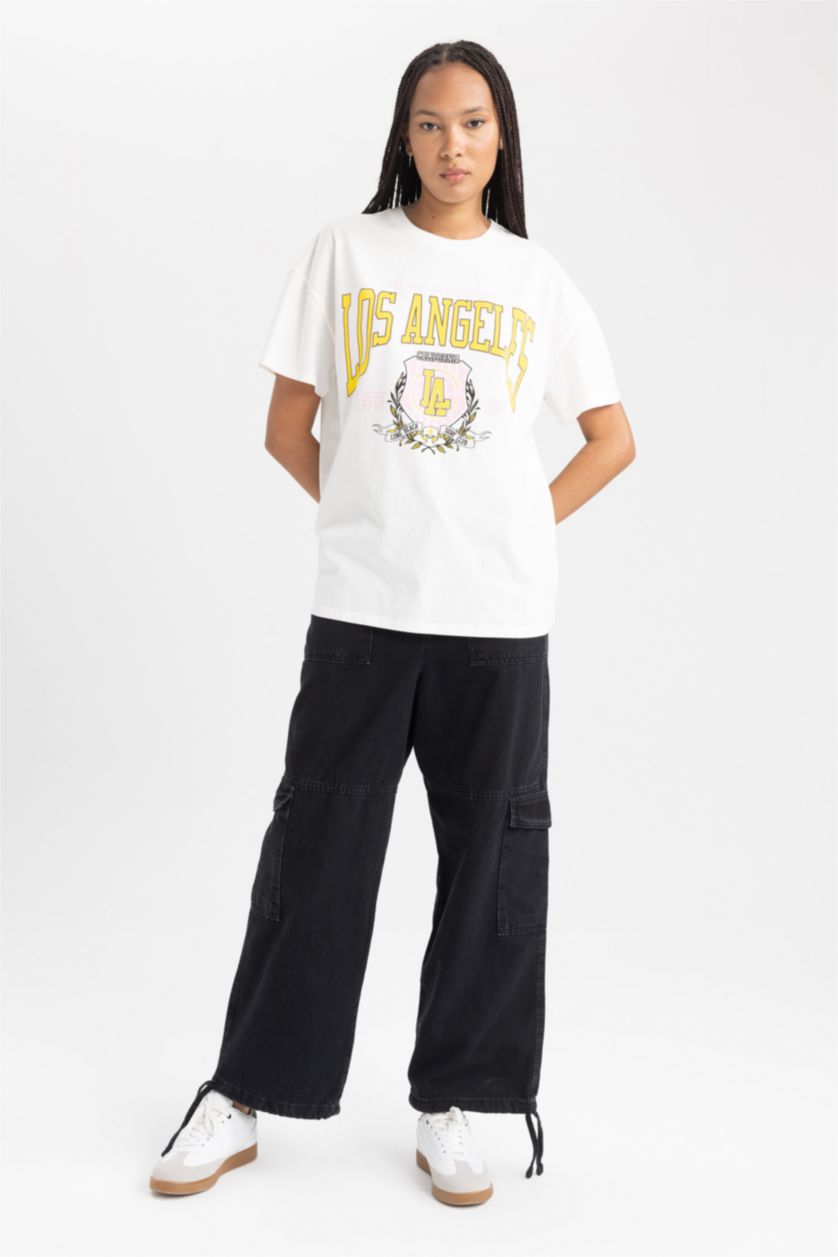 نساء اوف وايت تيشيرت نص ردن اوفر سايز بياخة مستديرة