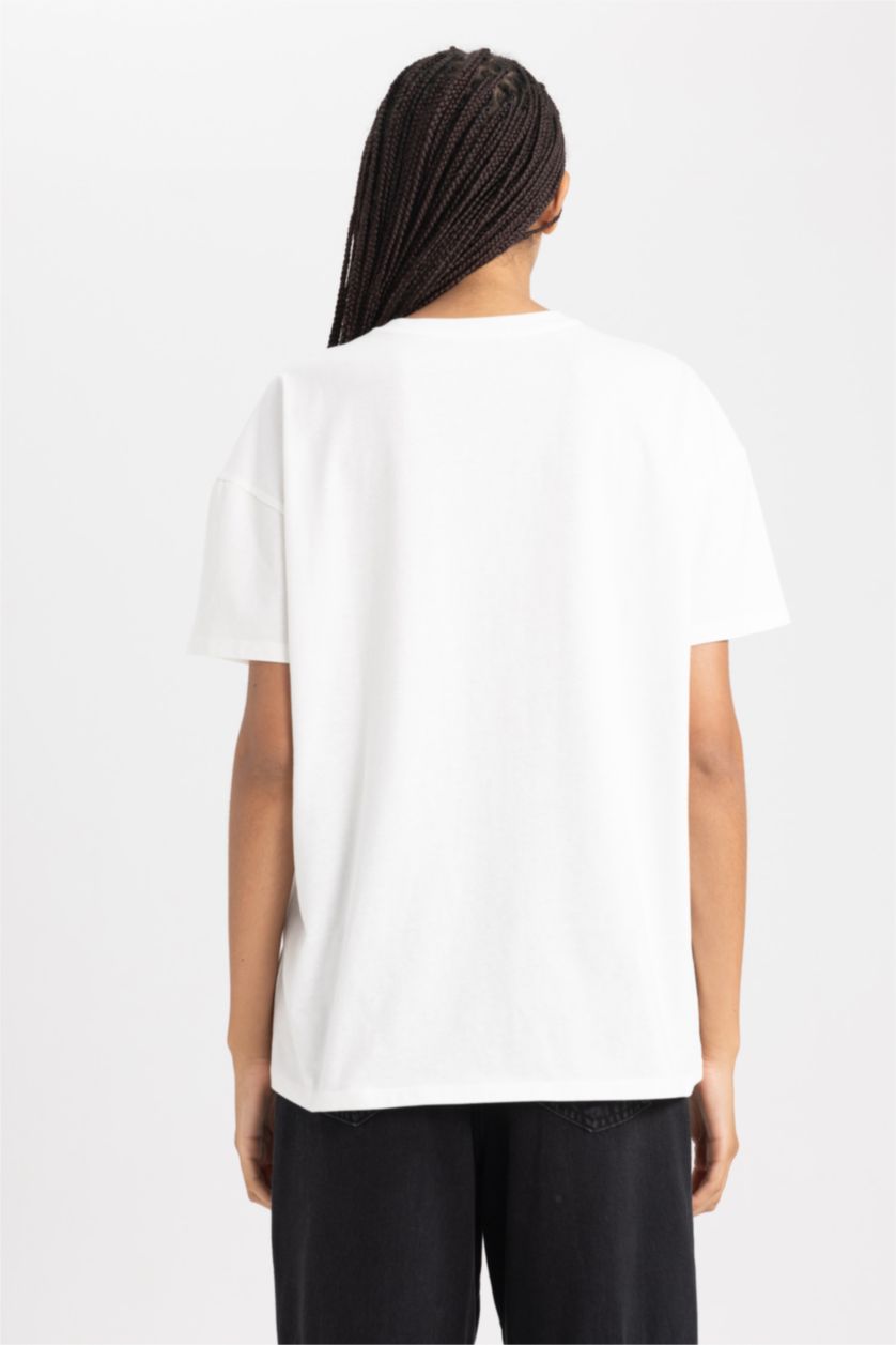 نساء اوف وايت تيشيرت نص ردن اوفر سايز بياخة مستديرة