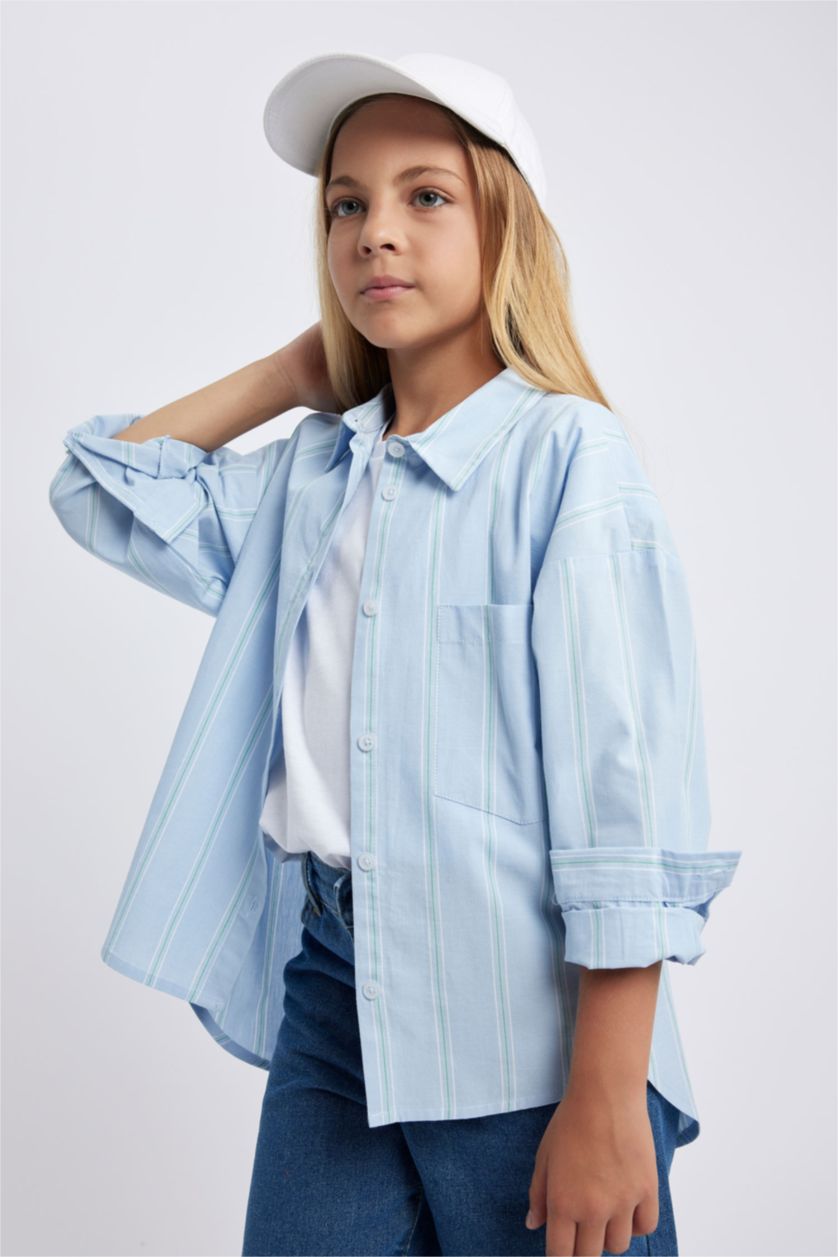 FILLES BLEU Clair Chemise Popeline coupe régulière à Manches Longues Pour Fille