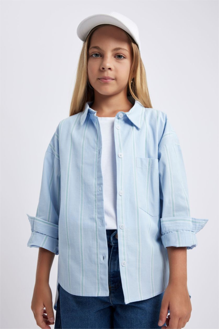FILLES BLEU Clair Chemise Popeline coupe régulière à Manches Longues Pour Fille