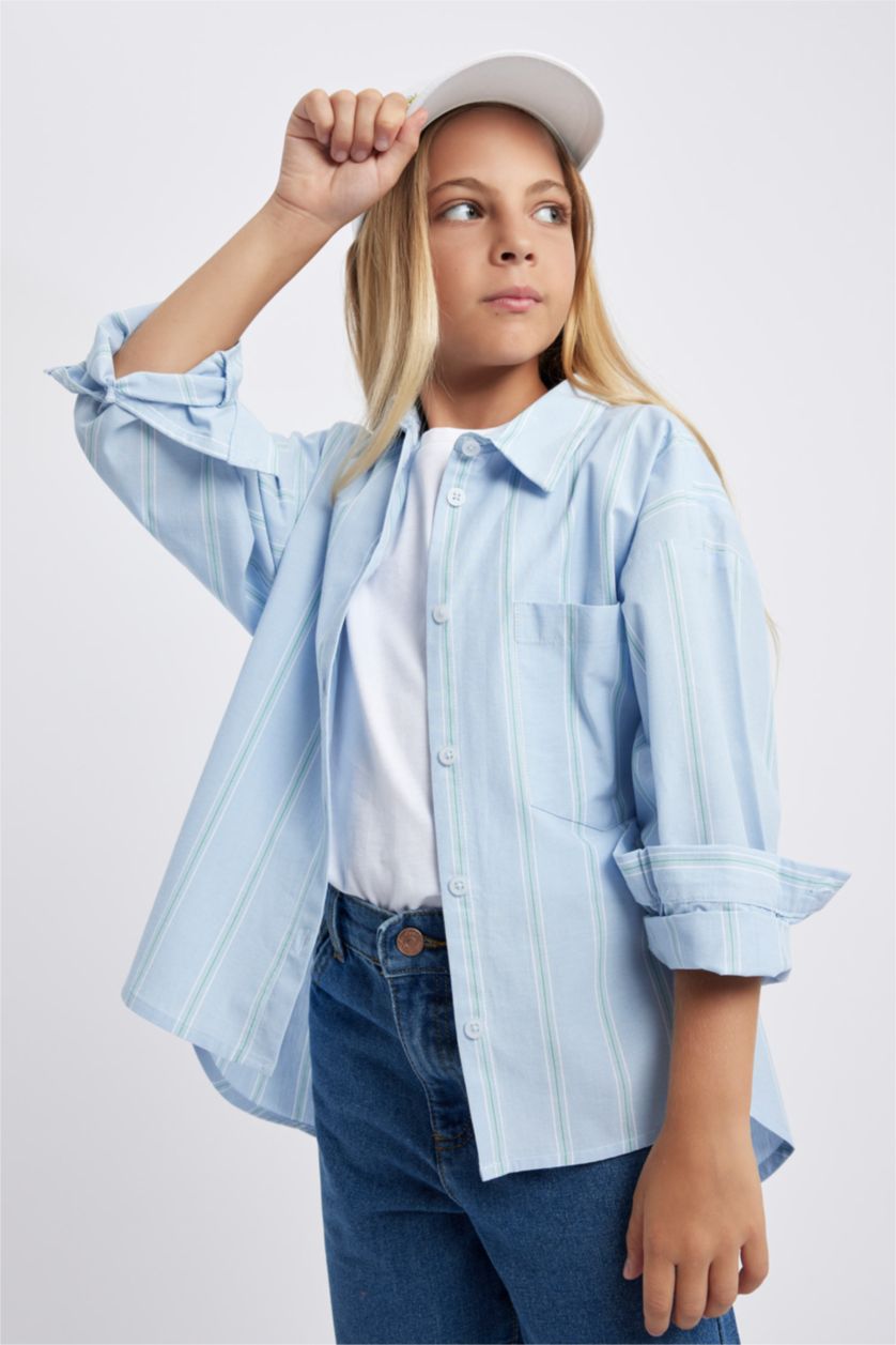 FILLES BLEU Clair Chemise Popeline coupe régulière à Manches Longues Pour Fille