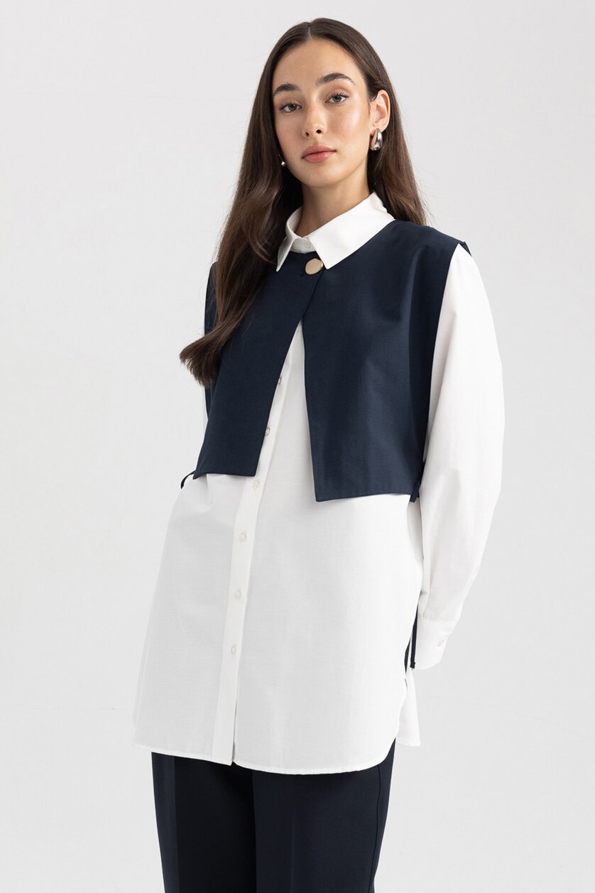 نساء أبيض Regular Fit Poplin Long Sleeve Tunic