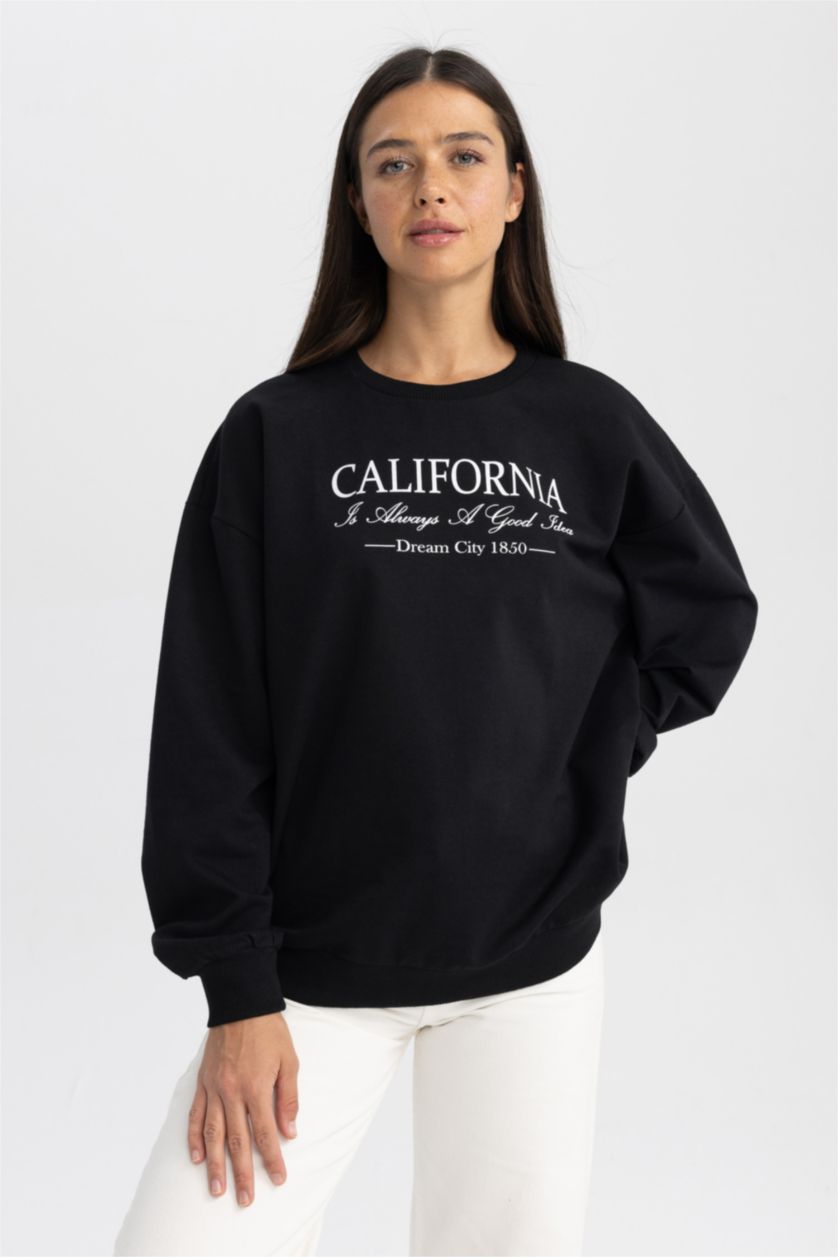 FEMME Noir Sweat- Shirt Coupe Oversize Col rond Ville Manche Longue