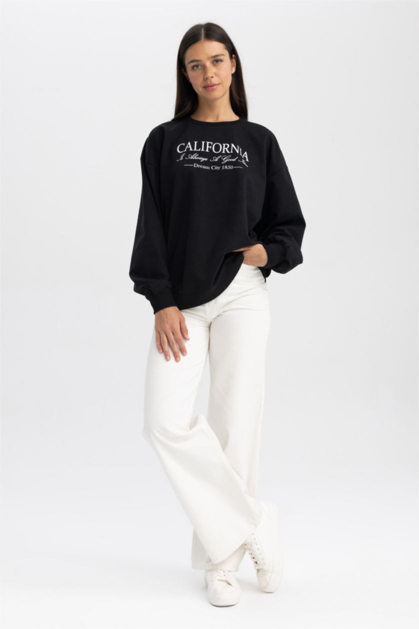 FEMME Noir Sweat- Shirt Coupe Oversize Col rond Ville Manche Longue