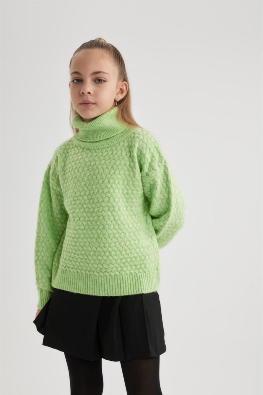 Kız Çocuk - Genç Kız Mint Kız Çocuk Oversize Geniş Kalıp Balıkçı Yaka Triko Kazak