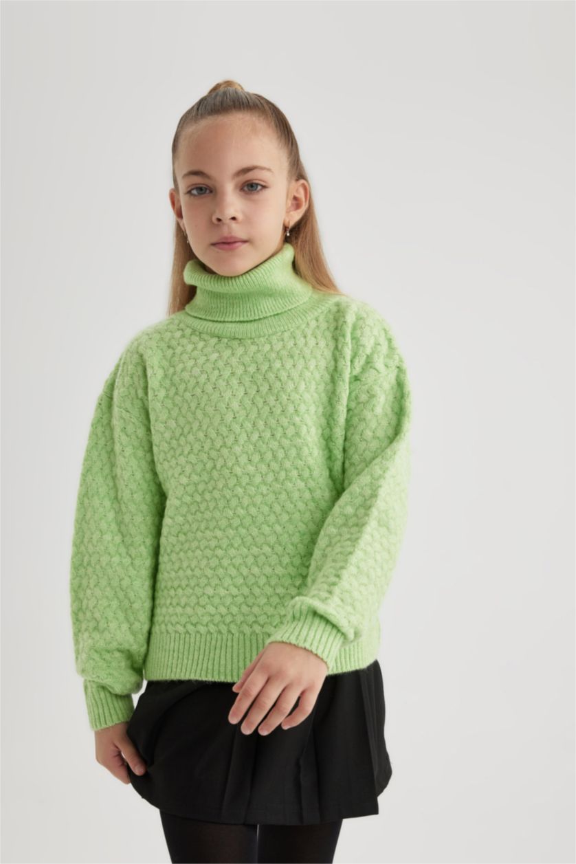 Kız Çocuk - Genç Kız Mint Kız Çocuk Oversize Geniş Kalıp Balıkçı Yaka Triko Kazak