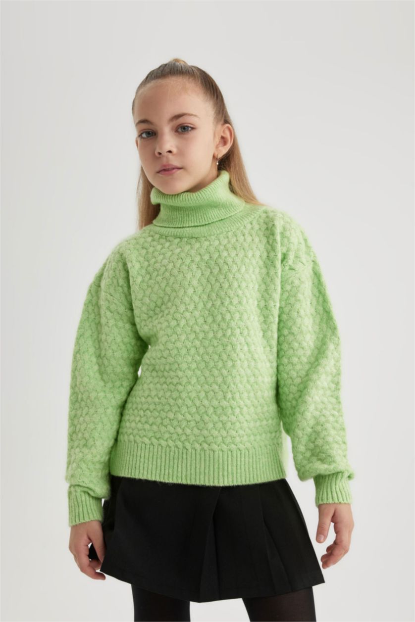 Kız Çocuk - Genç Kız Mint Kız Çocuk Oversize Geniş Kalıp Balıkçı Yaka Triko Kazak