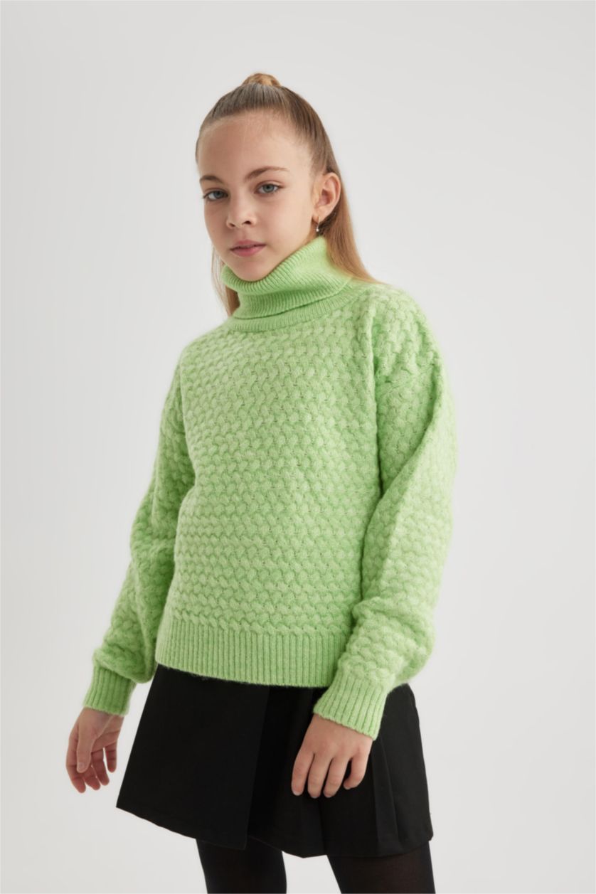 Kız Çocuk - Genç Kız Mint Kız Çocuk Oversize Geniş Kalıp Balıkçı Yaka Triko Kazak