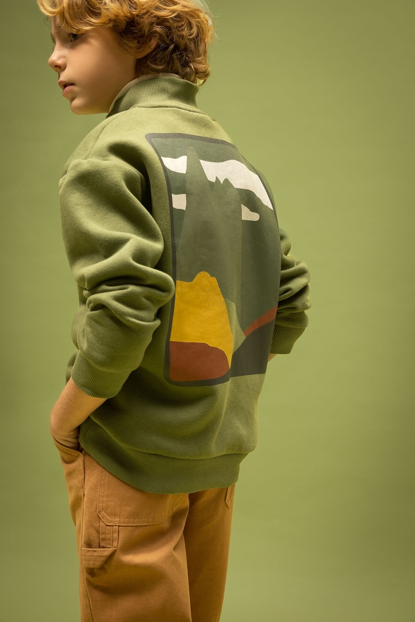 Erkek Çocuk - Genç Erkek Haki Erkek Çocuk Oversize Geniş Kalıp Dik Yaka Baskılı Kalın Sweatshirt