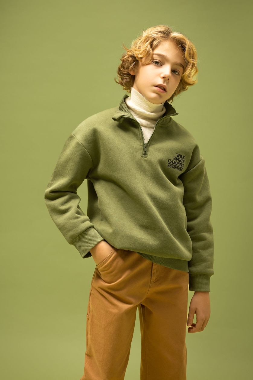 Erkek Çocuk - Genç Erkek Haki Erkek Çocuk Oversize Geniş Kalıp Dik Yaka Baskılı Kalın Sweatshirt