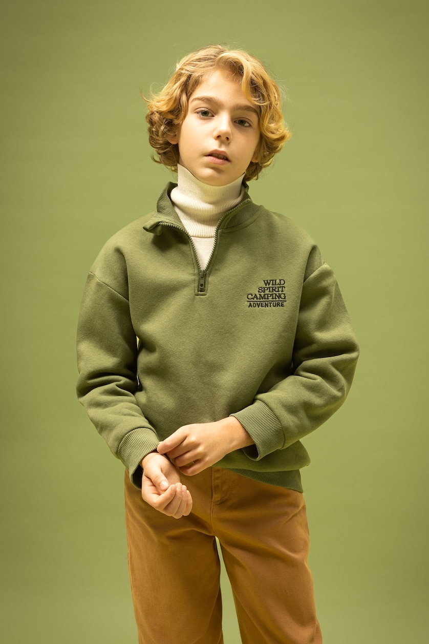 Erkek Çocuk - Genç Erkek Haki Erkek Çocuk Oversize Geniş Kalıp Dik Yaka Baskılı Kalın Sweatshirt