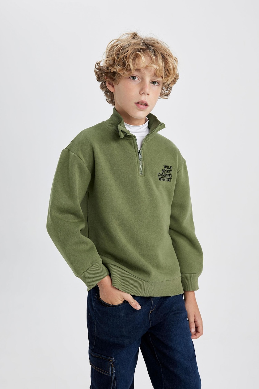 Erkek Çocuk - Genç Erkek Haki Erkek Çocuk Oversize Geniş Kalıp Dik Yaka Baskılı Kalın Sweatshirt