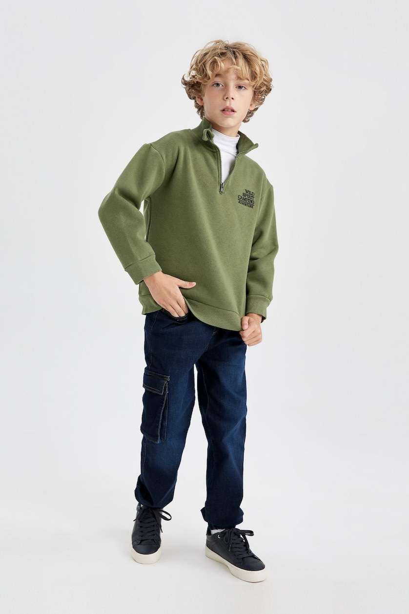 Erkek Çocuk - Genç Erkek Haki Erkek Çocuk Oversize Geniş Kalıp Dik Yaka Baskılı Kalın Sweatshirt