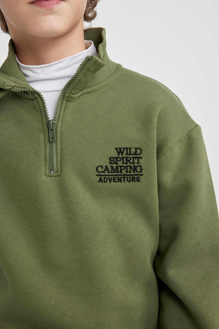 Erkek Çocuk - Genç Erkek Haki Erkek Çocuk Oversize Geniş Kalıp Dik Yaka Baskılı Kalın Sweatshirt