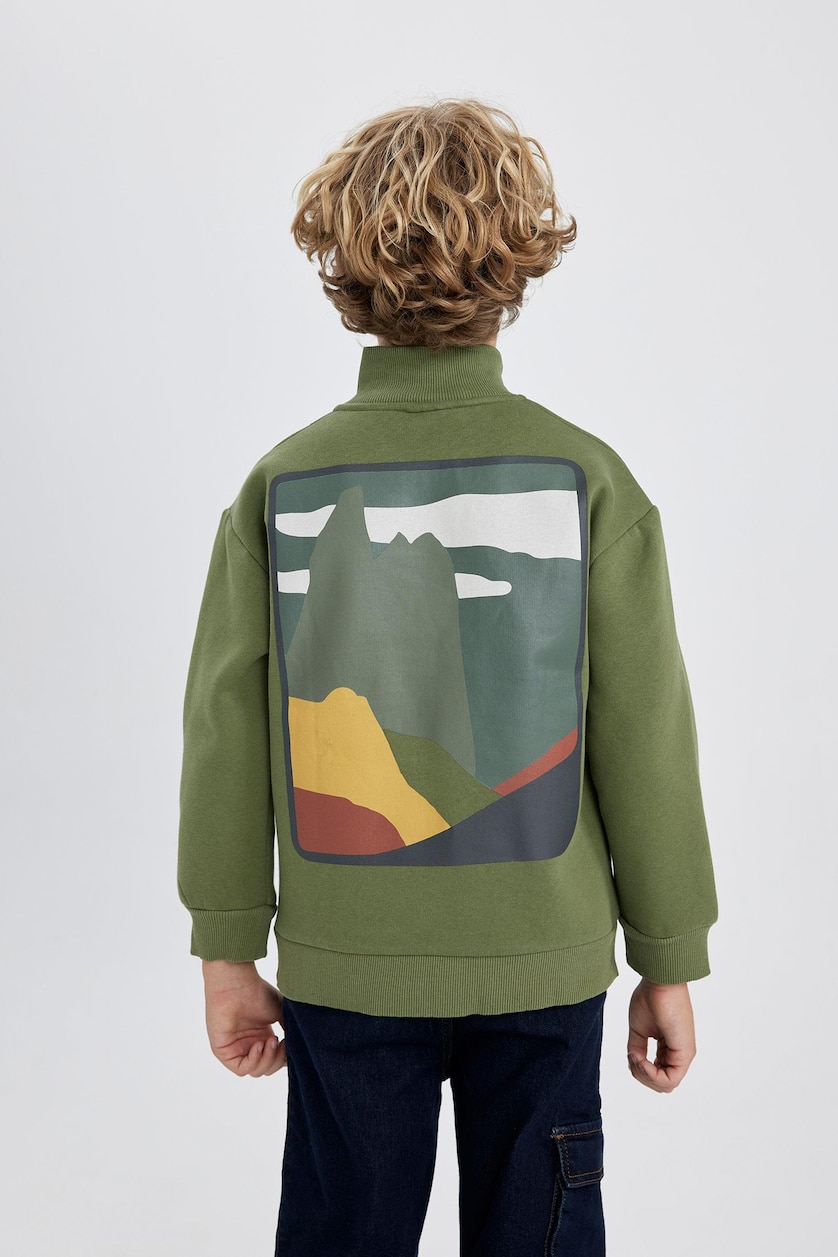 Erkek Çocuk - Genç Erkek Haki Erkek Çocuk Oversize Geniş Kalıp Dik Yaka Baskılı Kalın Sweatshirt