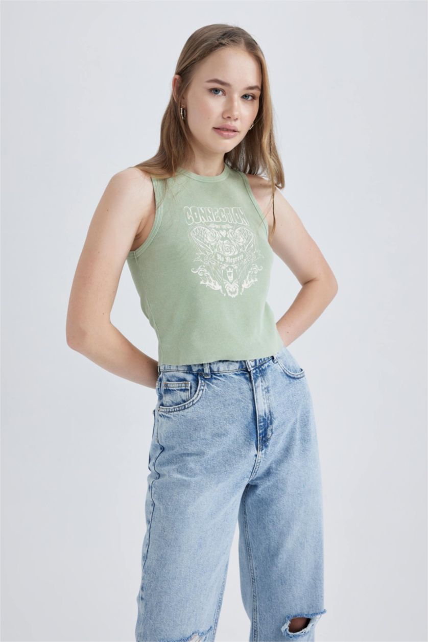 Kadın Mint Coool Fitted Baskılı Fitilli Kaşkorse Yıkamalı Soluk Efektli Atlet