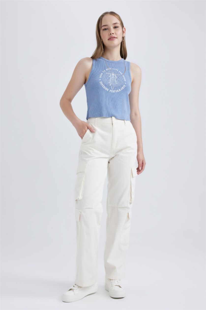 Kadın Mavi Coool Fitted Baskılı Fitilli Kaşkorse Yıkamalı Soluk Efektli Atlet