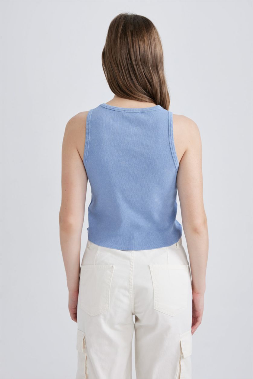 Kadın Mavi Coool Fitted Baskılı Fitilli Kaşkorse Yıkamalı Soluk Efektli Atlet