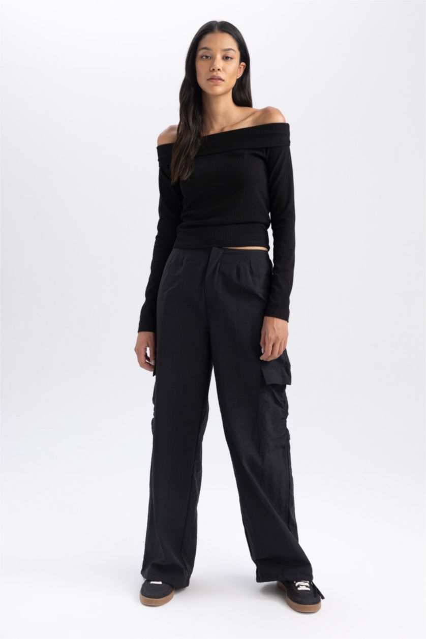 Kadın Siyah Slım Fıt Omzu Açık Fitilli Kaşkorse Uzun Kollu Tişört