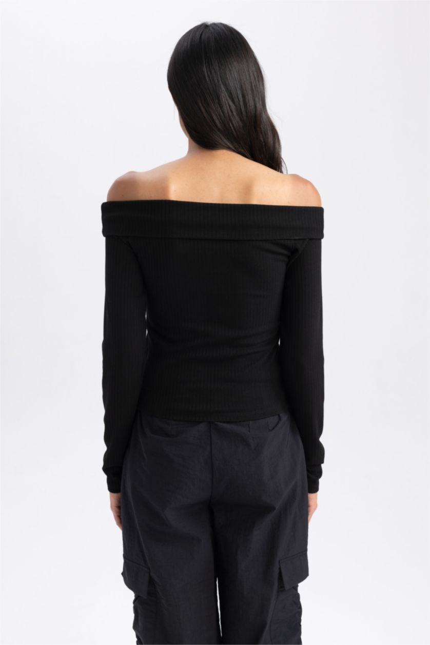 Kadın Siyah Slım Fıt Omzu Açık Fitilli Kaşkorse Uzun Kollu Tişört