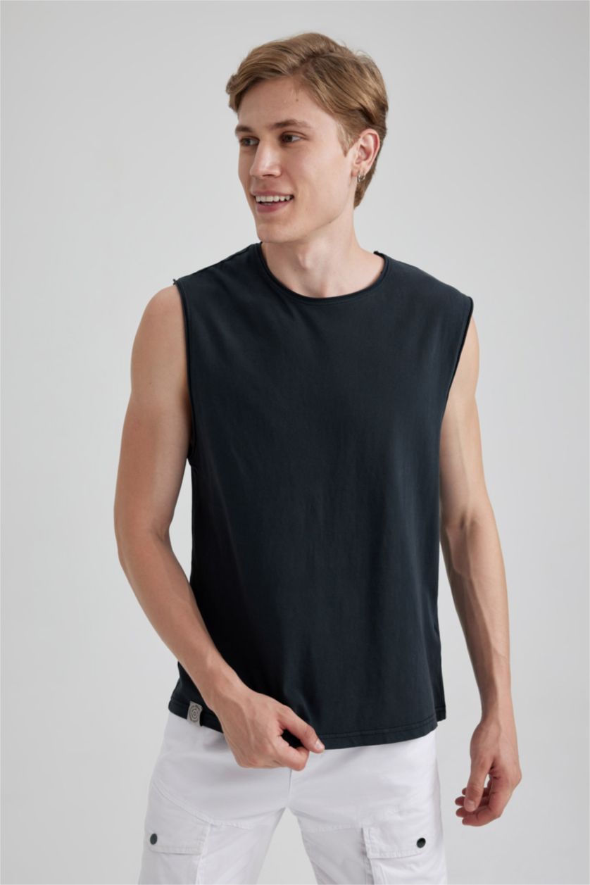 MAN Black Boxy Fit Crew Neck Long Sleeve Tank Top