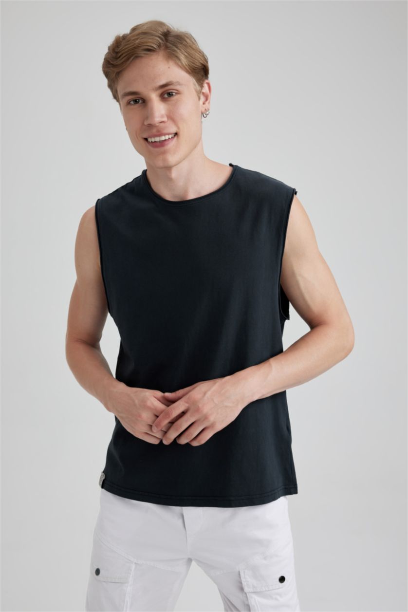 MAN Black Boxy Fit Crew Neck Long Sleeve Tank Top