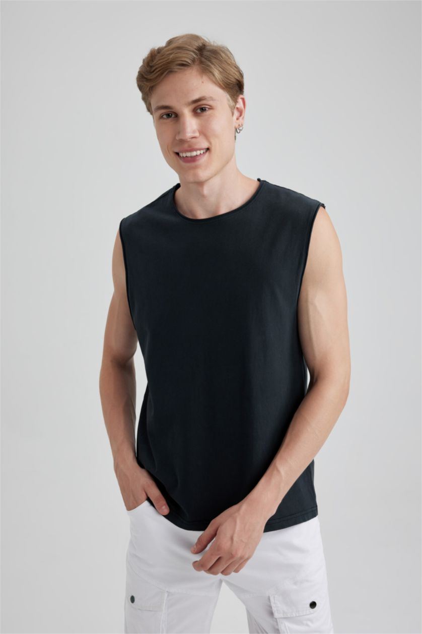 MAN Black Boxy Fit Crew Neck Long Sleeve Tank Top