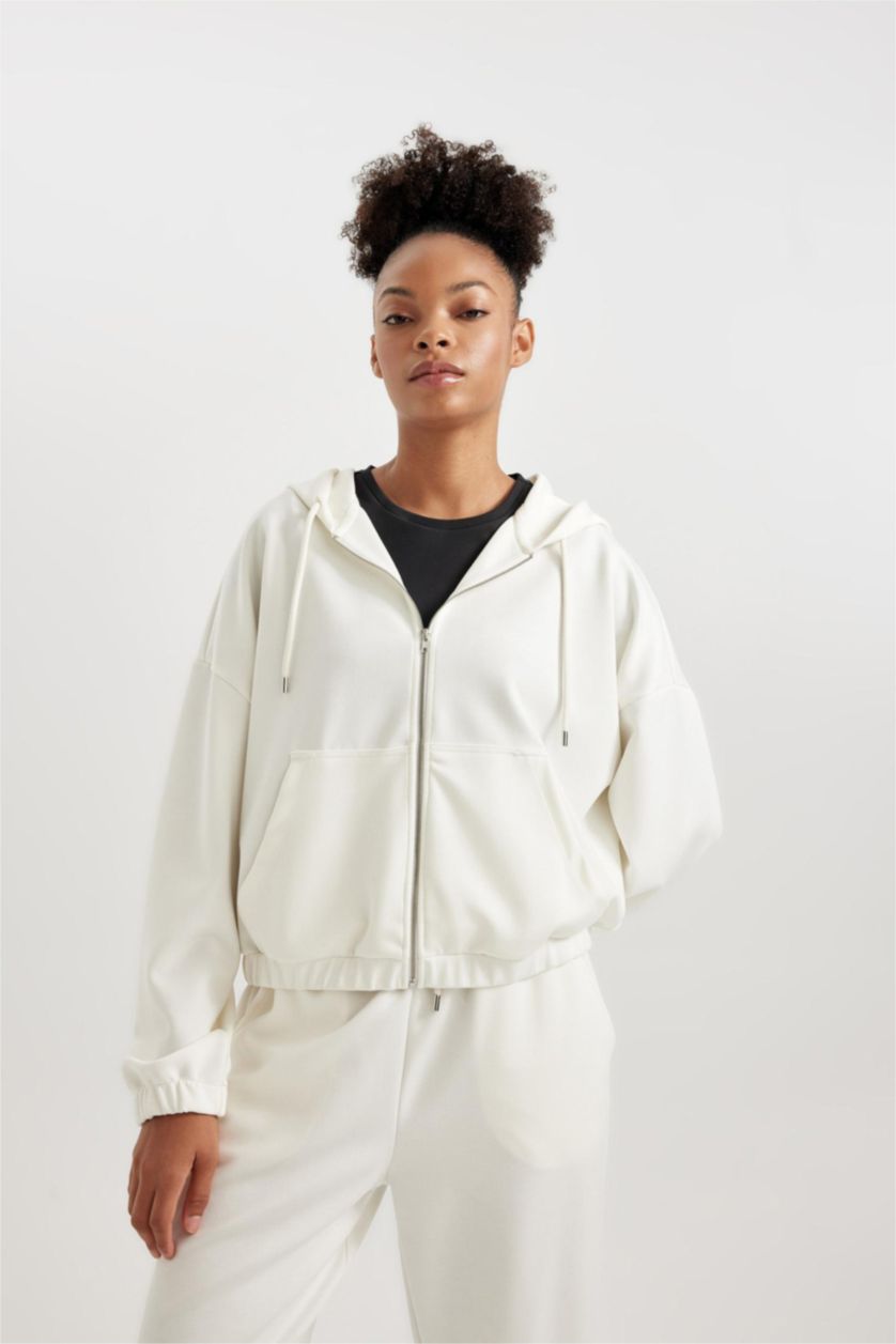 WOMAN Ecru DeFactoFit Oversize Hooded Premium Zippered Sweatshirt