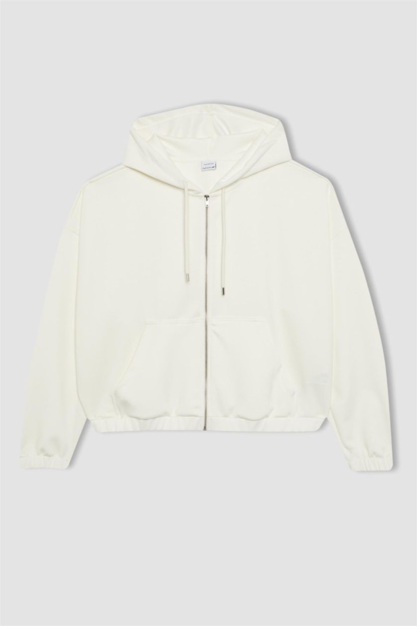 WOMAN Ecru DeFactoFit Oversize Hooded Premium Zippered Sweatshirt