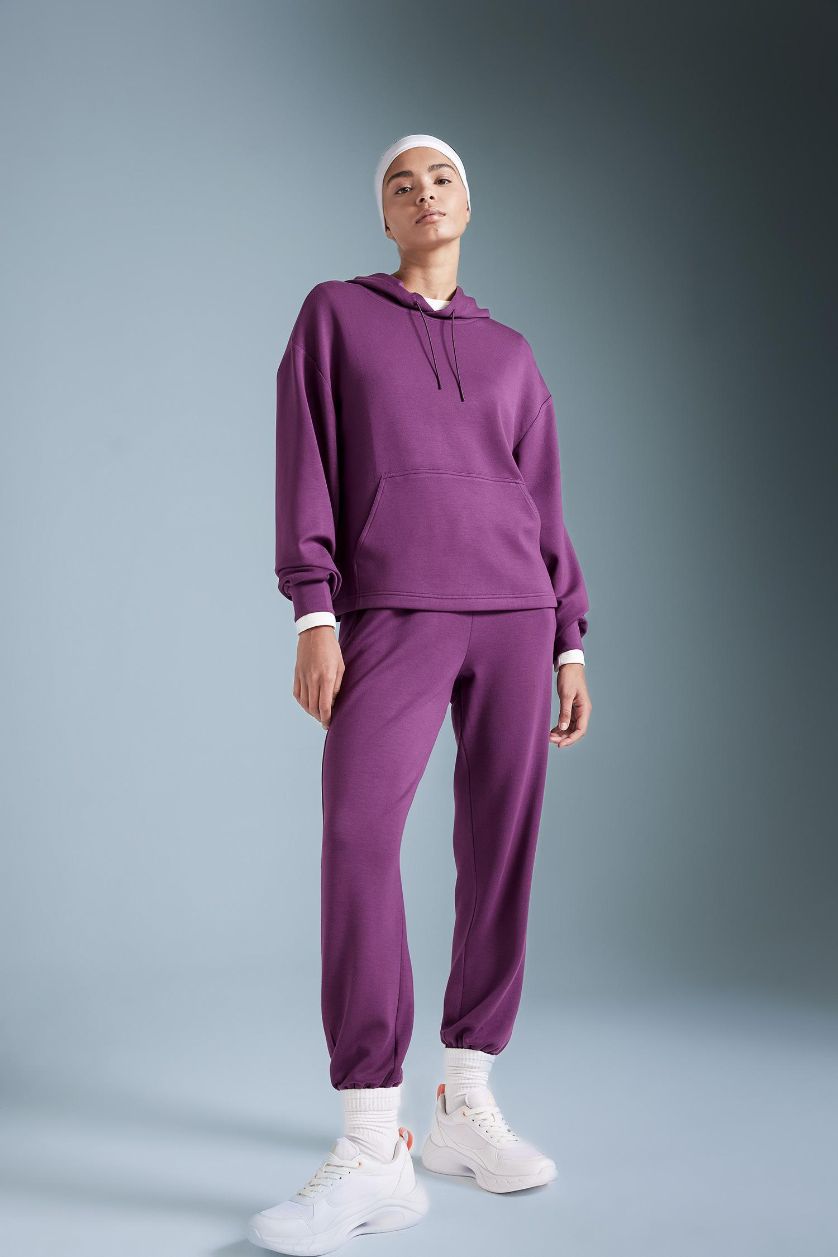 Kadın Mürdüm Sporcu Jogger Eşofman Altı Standart Fit Modal Çift Cepli Basic Düz