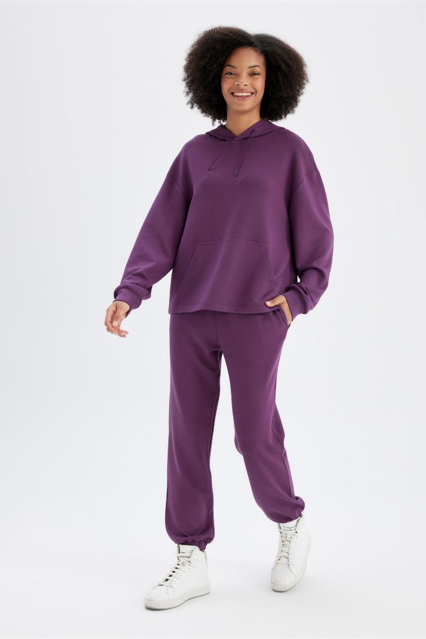 Kadın Mürdüm Sporcu Jogger Eşofman Altı Standart Fit Modal Çift Cepli Basic Düz