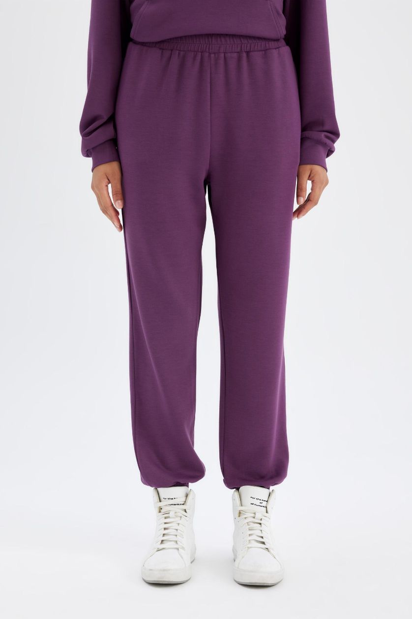 Kadın Mürdüm Sporcu Jogger Eşofman Altı Standart Fit Modal Çift Cepli Basic Düz