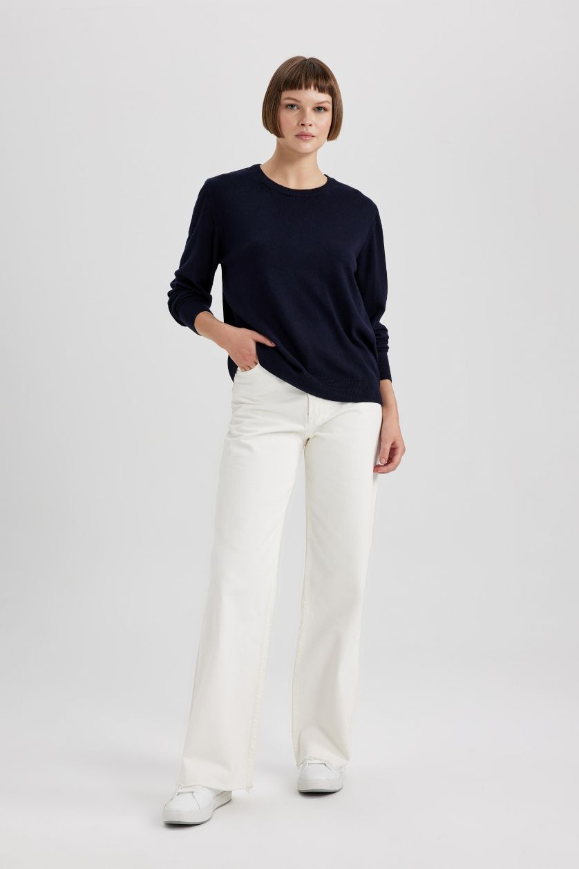 حريمي كحلي بلوفر تريكو حريمي قصة عادية برقبة مستديرة كحلي