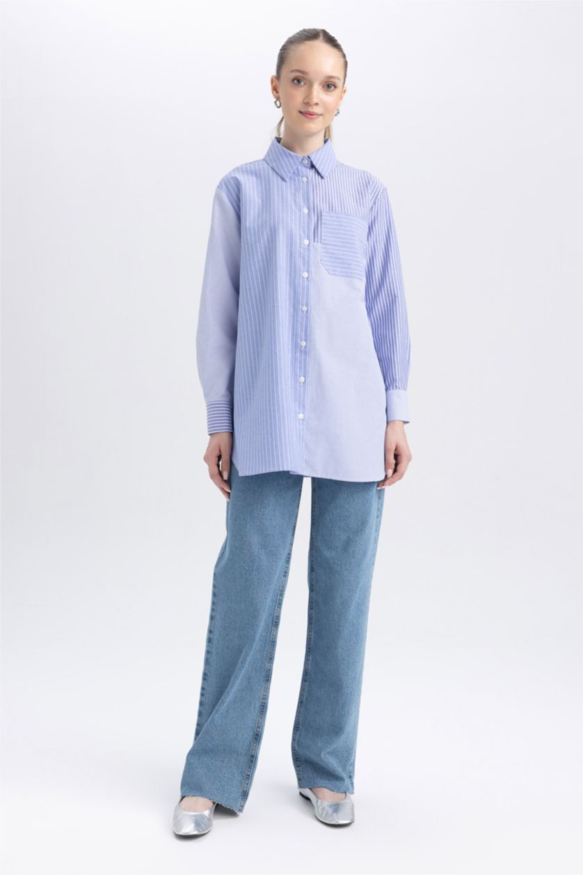 Женская Светло-синий Relax Fit Poplin Long Sleeve Tunic