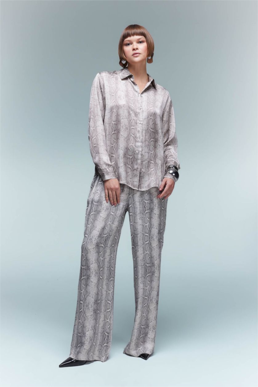 WOMAN Light Grey Wide Leg Patterned Pocket High Waist Long Satin Trousers