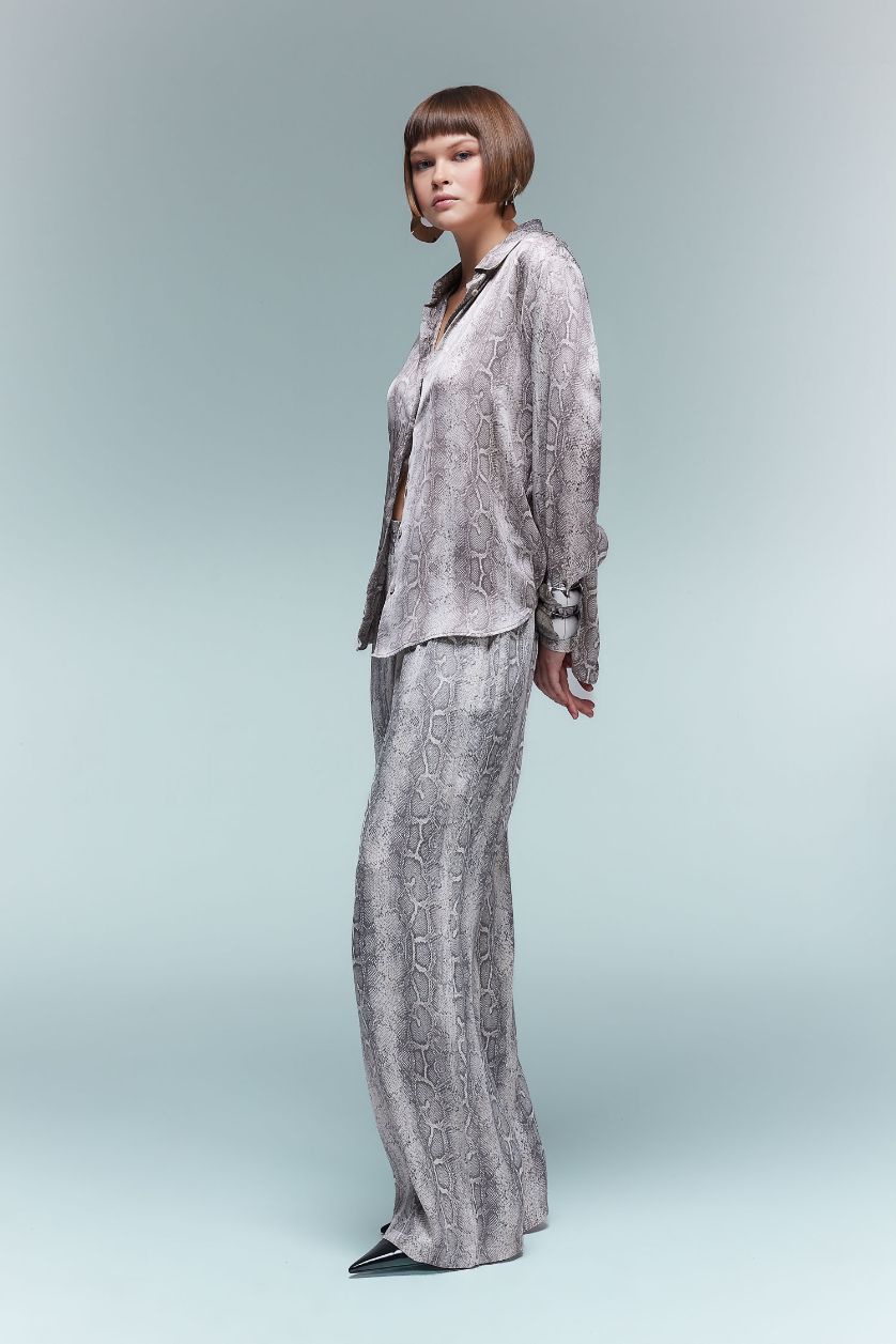 WOMAN Light Grey Wide Leg Patterned Pocket High Waist Long Satin Trousers