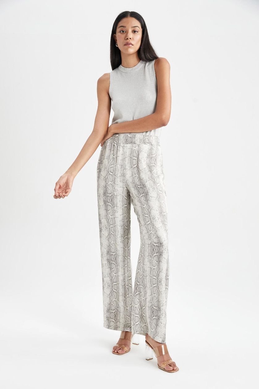 WOMAN Light Grey Wide Leg Patterned Pocket High Waist Long Satin Trousers