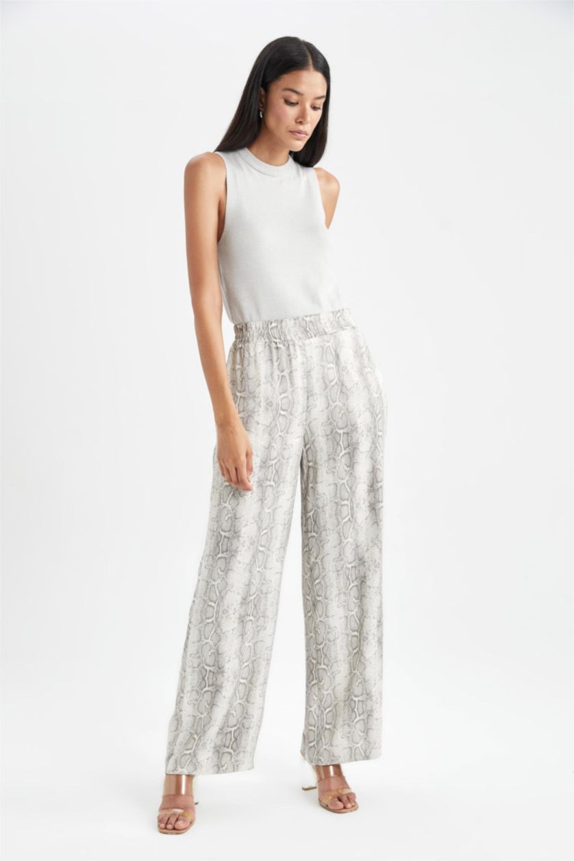 WOMAN Light Grey Wide Leg Patterned Pocket High Waist Long Satin Trousers