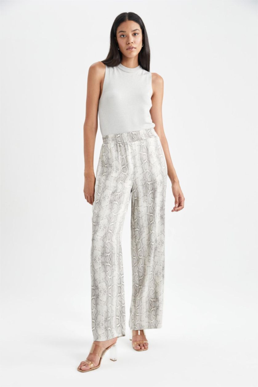 WOMAN Light Grey Wide Leg Patterned Pocket High Waist Long Satin Trousers