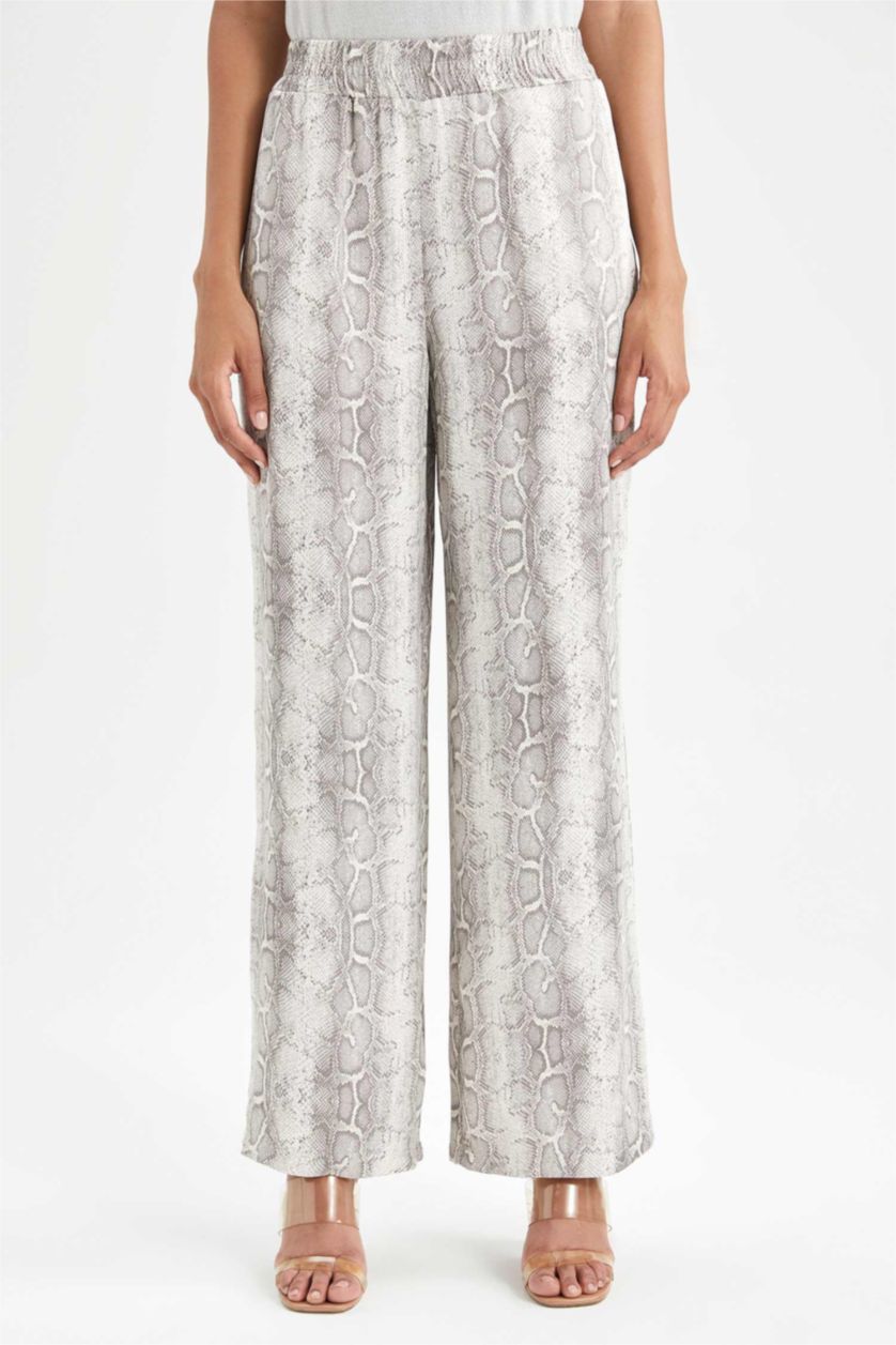 WOMAN Light Grey Wide Leg Patterned Pocket High Waist Long Satin Trousers