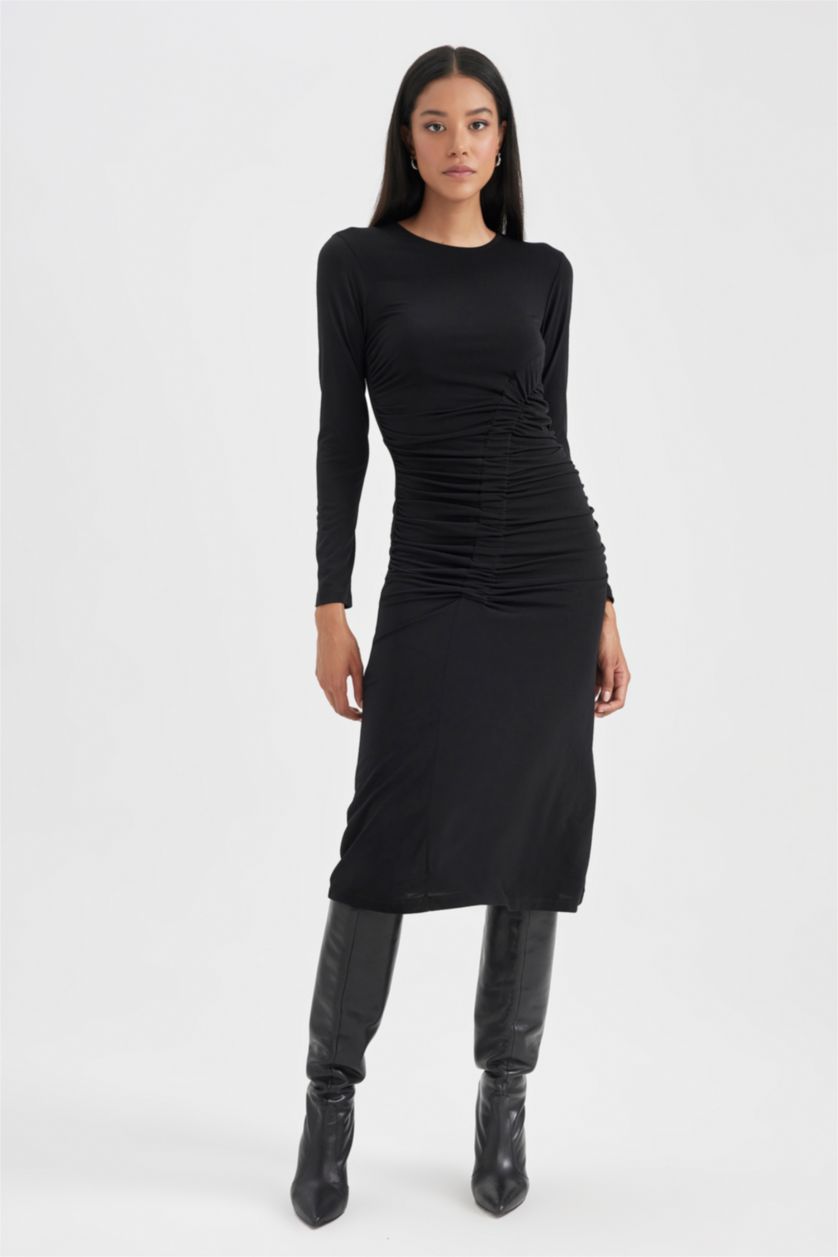 حريمي أسود فستان بكم ميدي بديكون بياقة مدورة