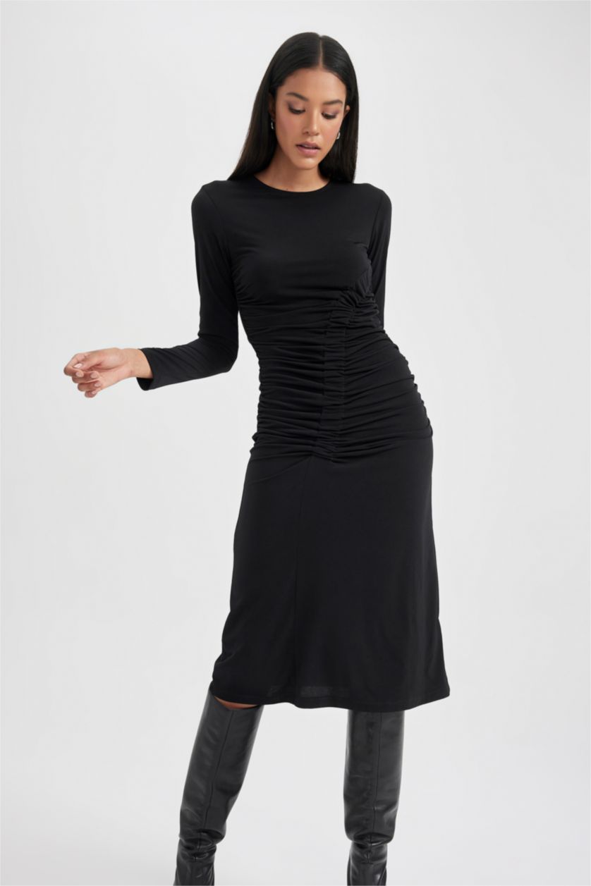 حريمي أسود فستان بكم ميدي بديكون بياقة مدورة