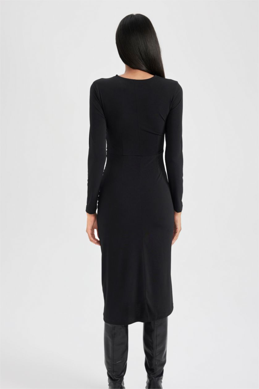 حريمي أسود فستان بكم ميدي بديكون بياقة مدورة