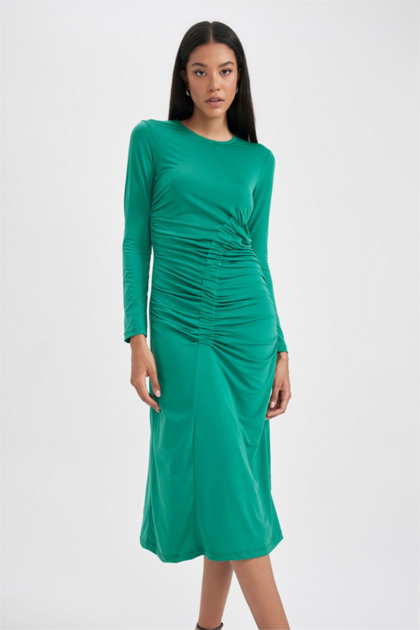 حريمي أخضر فستان بكم ميدي بديكون بياقة مدورة