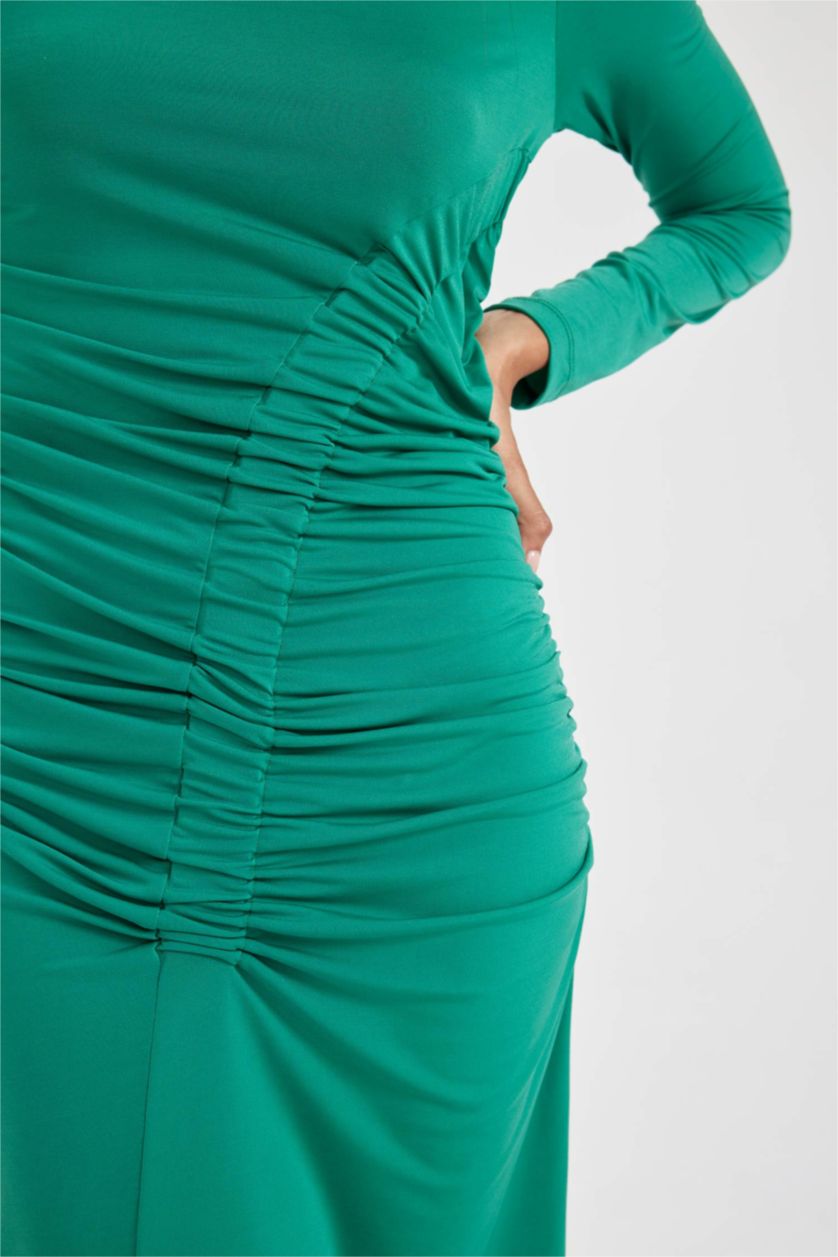 حريمي أخضر فستان بكم ميدي بديكون بياقة مدورة