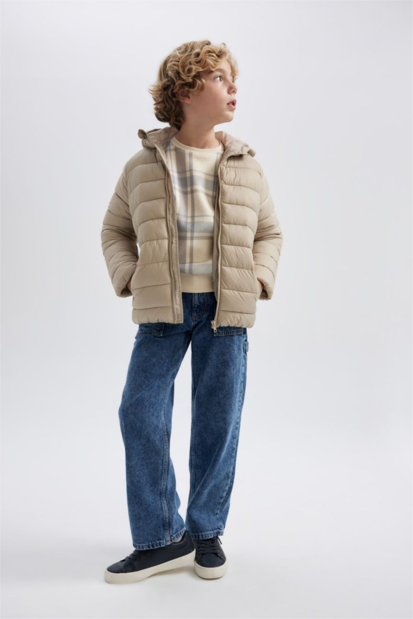 Erkek Çocuk - Genç Erkek Açık Bej Erkek Çocuk Su İtici Kapüşonlu Basic Düz Şişme Mont